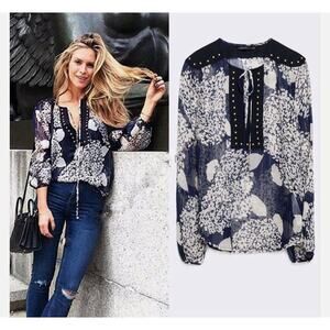 Zara Mulberry Silk Navy/Ecru Long Sleeve Blouse with Studs Women's Size Medium N